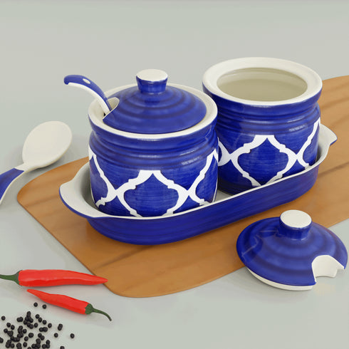 Moroccan Blue Pickle Jar with Spoon and Tray (Set of 2) - The Earth Store - Multipurpose Jars